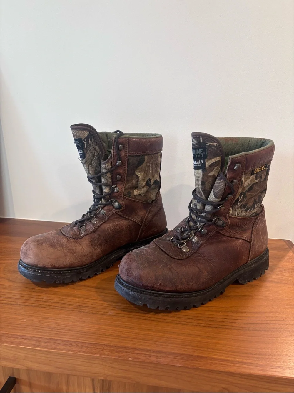 Wolverine size 12 Brown Leather Hunting Boots with Camo Collar